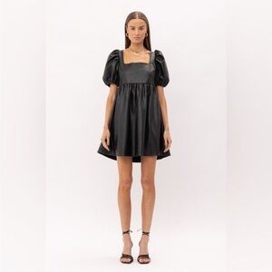 Sophie the Label black vegan Leather Babydoll puff sleeve Dress, Medium